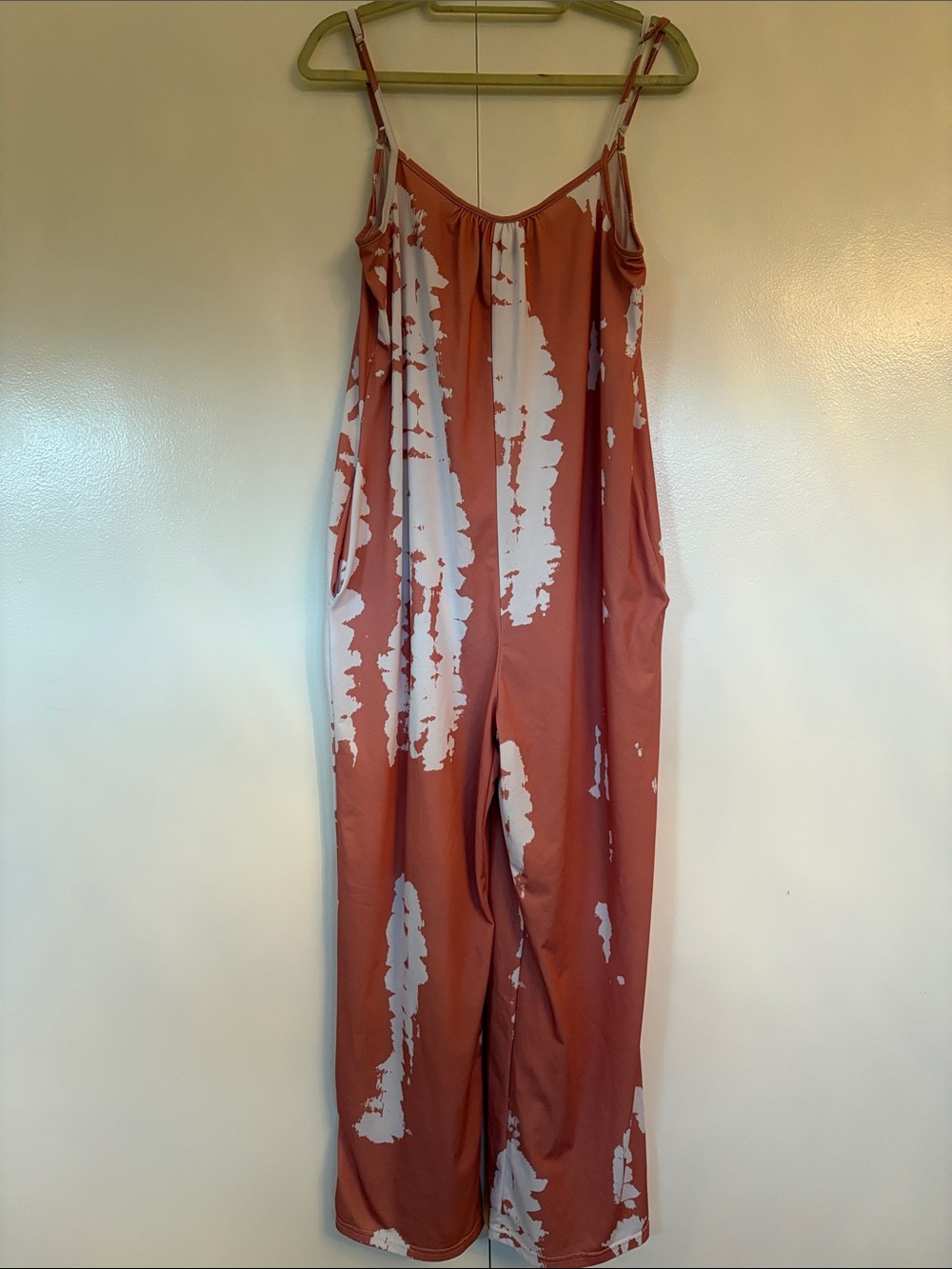 Rust/Peach & White Tie-Dye Wide-Leg Jumpsuit with Pockets. Great for lounging.